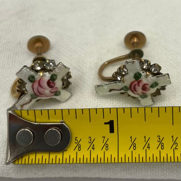 Vintage Gilloche Painted Floral Rose Screw Back Earrings Cross Rhinestones - Picture 6 of 6